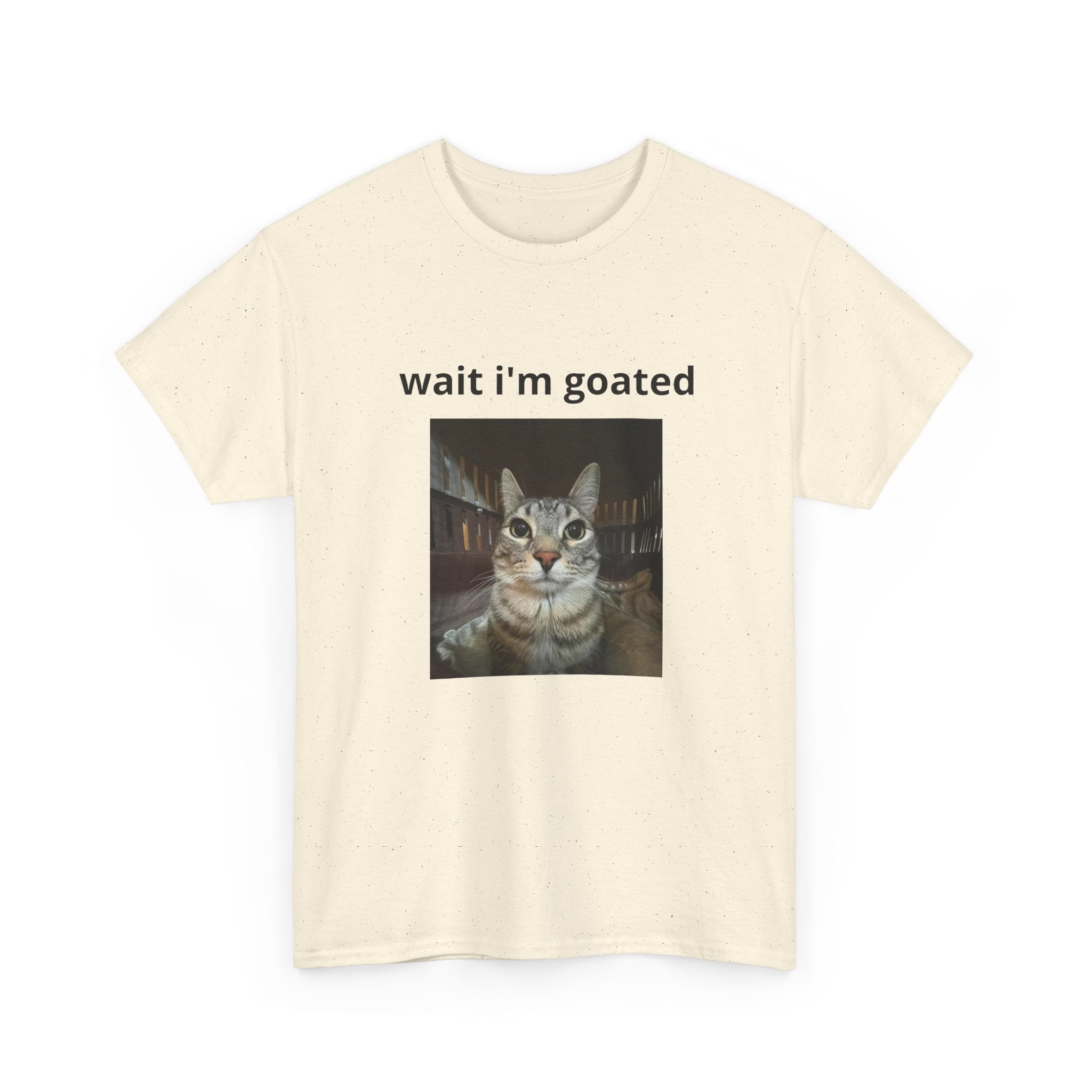 Cat Meme T‑Shirt – “wait i’m goated” Funny Cat Photo Tee