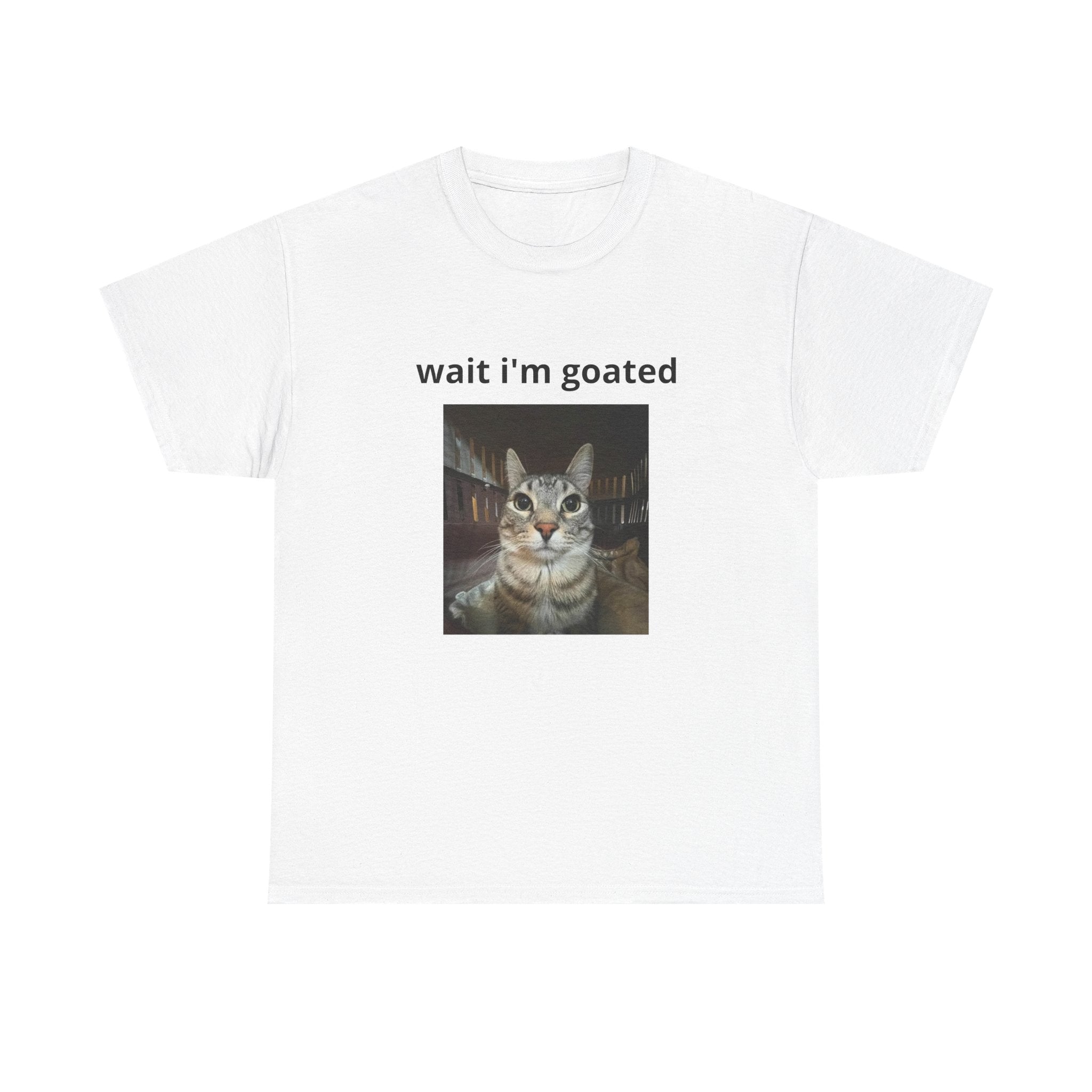 Cat Meme T‑Shirt – “wait i’m goated” Funny Cat Photo Tee