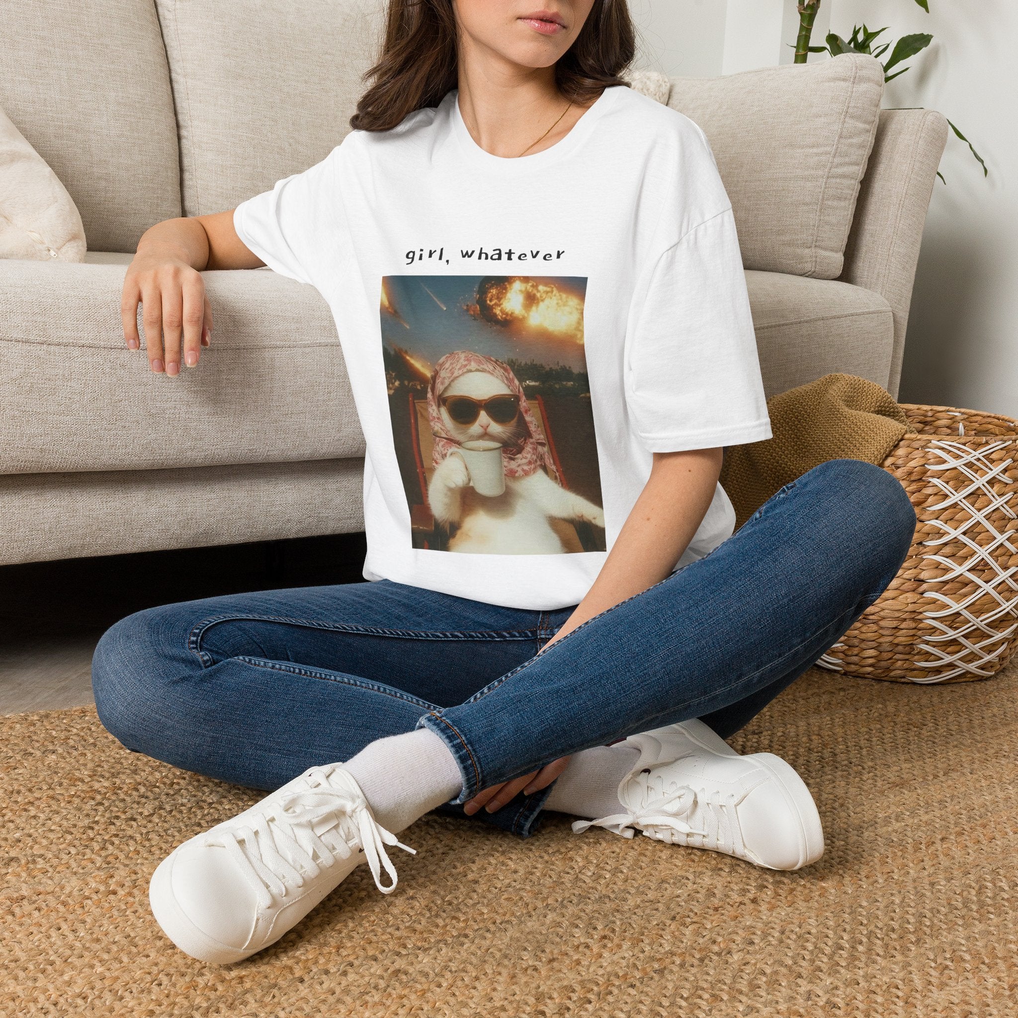 T-Shirt — 'girl, whatever' Cat Photo Tee | Funny Retro Sunset Graphic