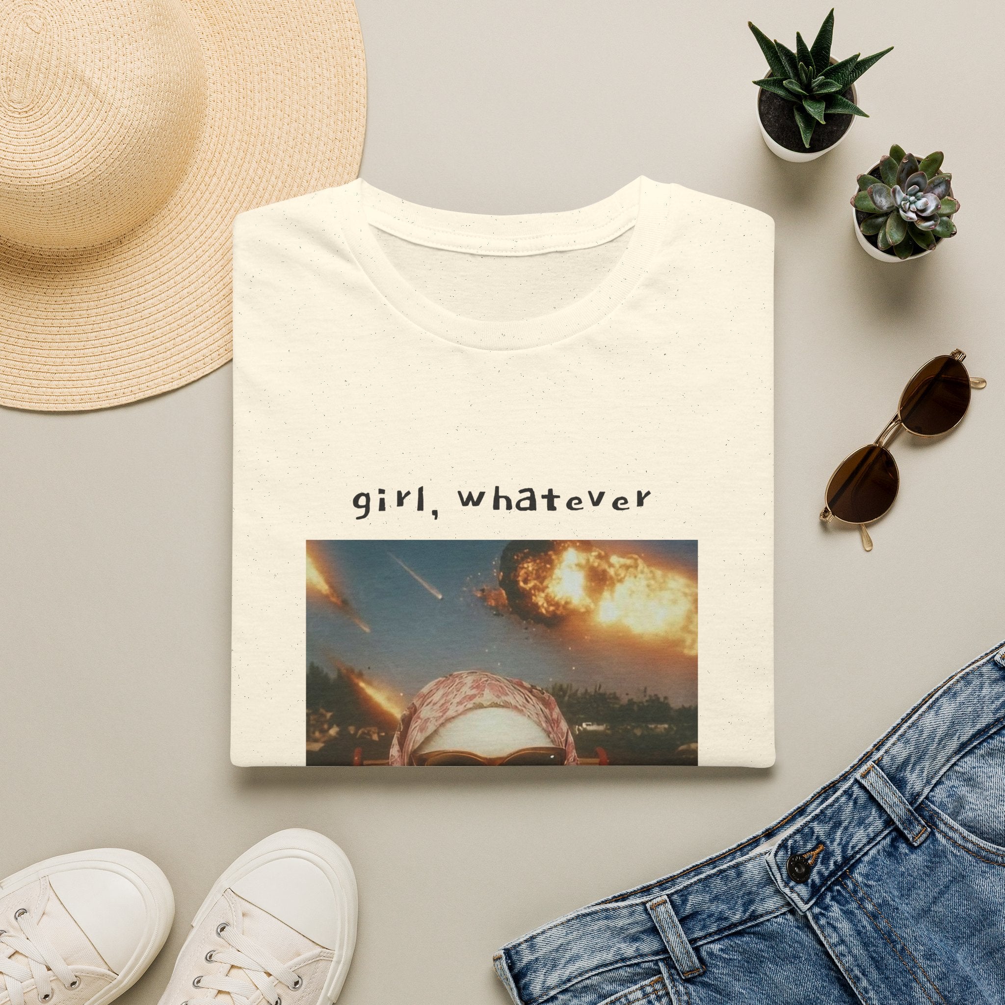 T-Shirt — 'girl, whatever' Cat Photo Tee | Funny Retro Sunset Graphic