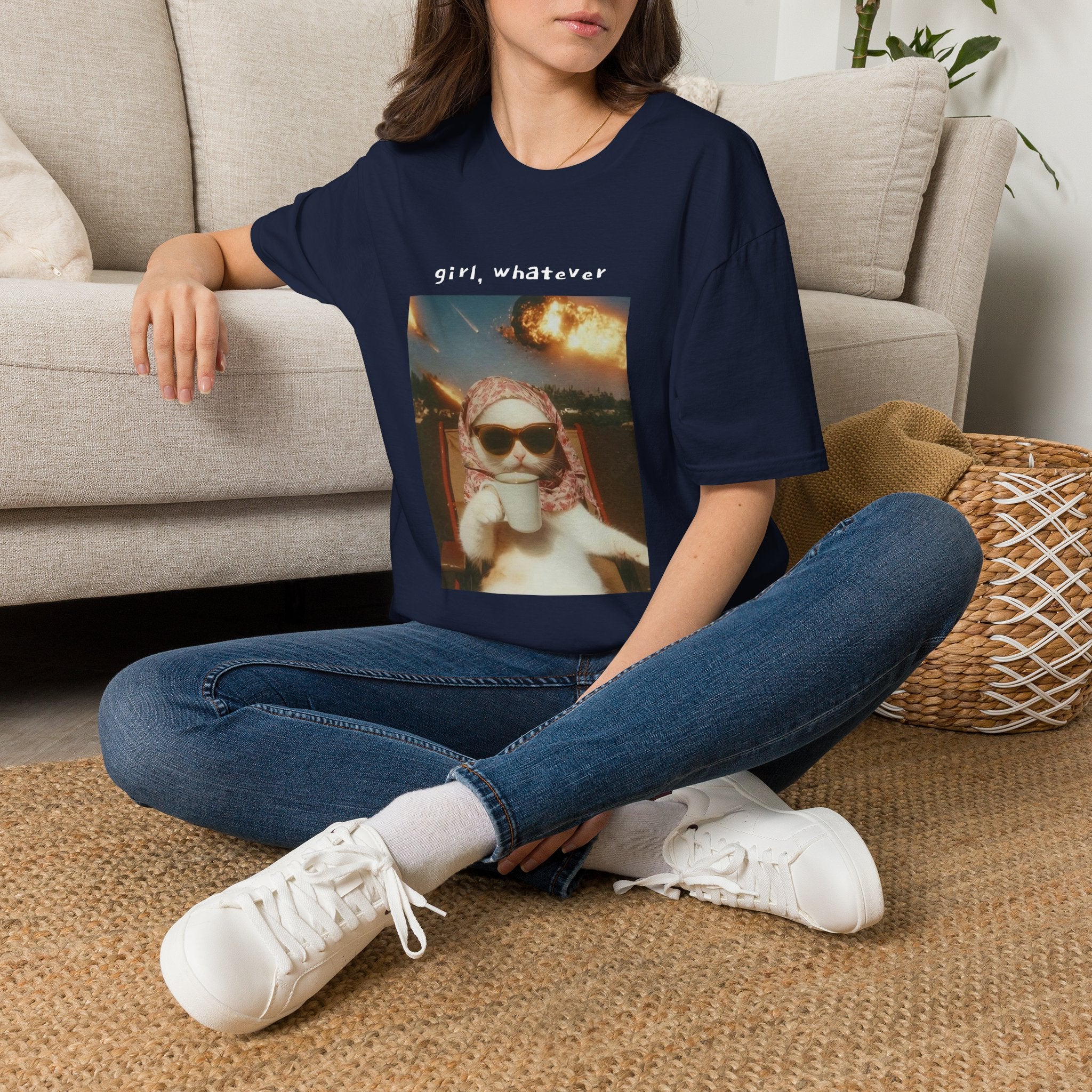 T-Shirt — 'girl, whatever' Cat Photo Tee | Funny Retro Sunset Graphic