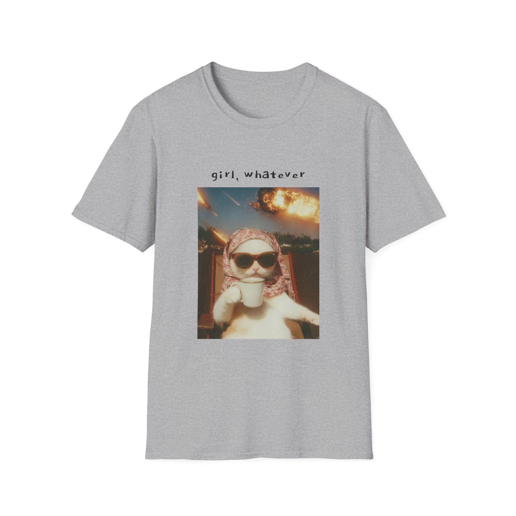 T-Shirt — 'girl, whatever' Cat Photo Tee | Funny Retro Sunset Graphic