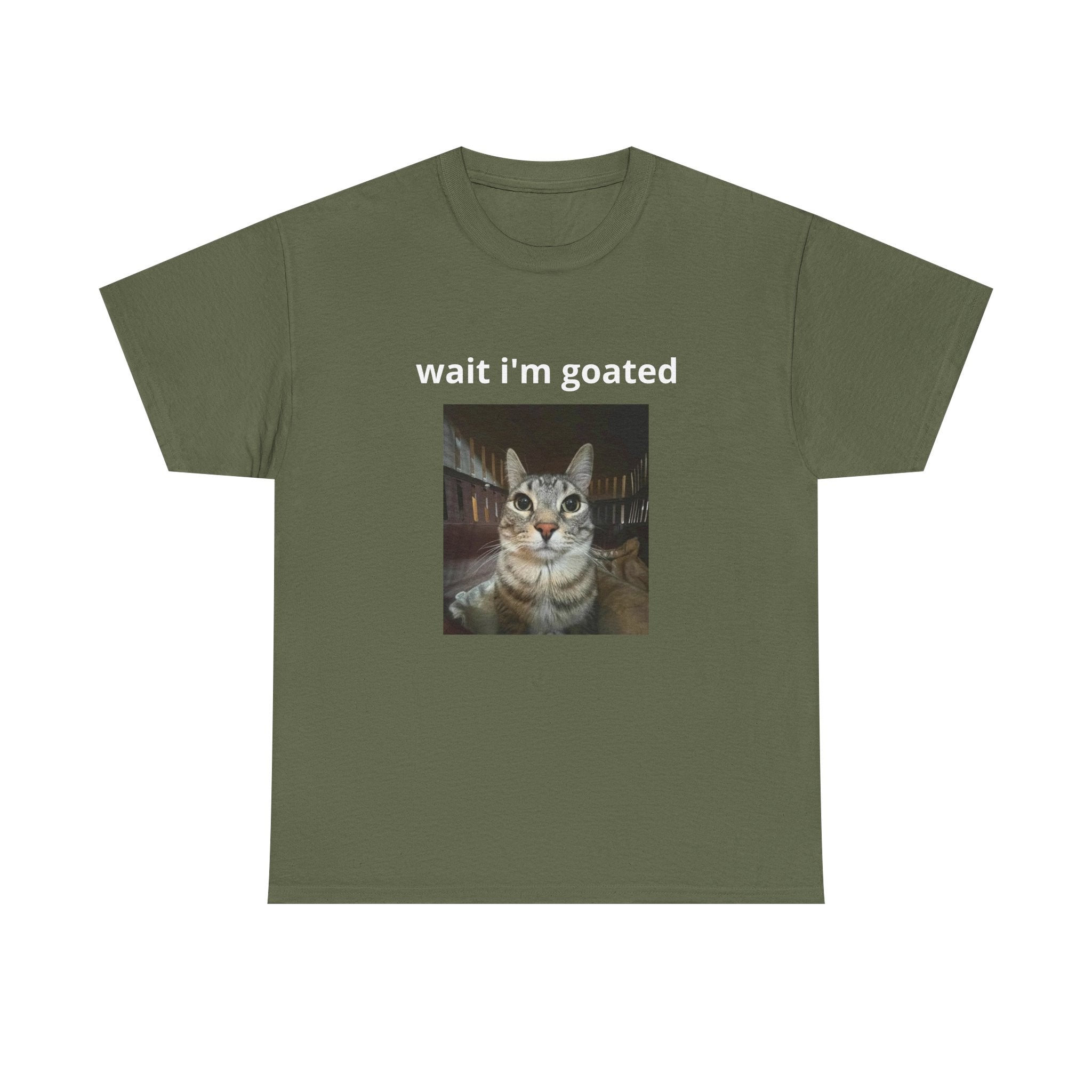 Cat Meme T‑Shirt – “wait i’m goated” Funny Cat Photo Tee