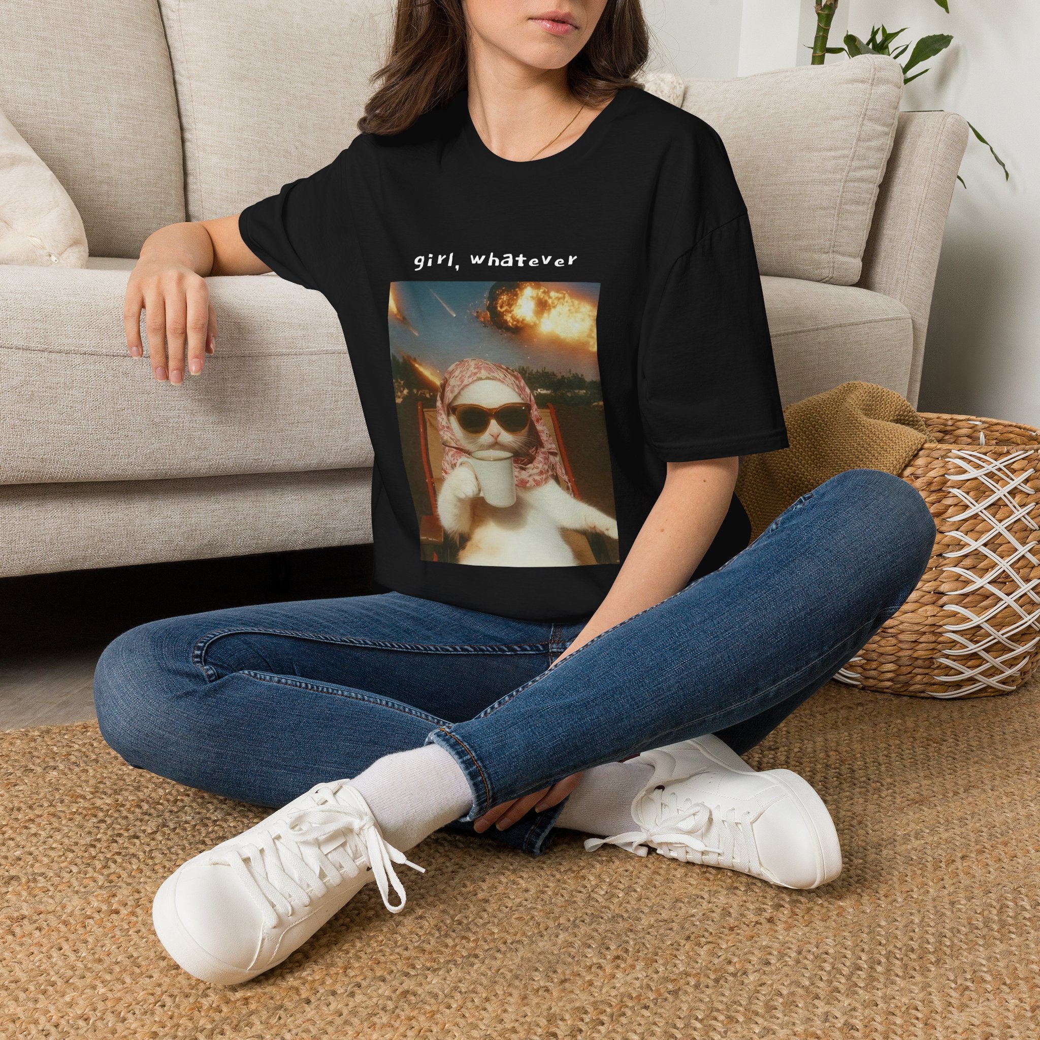 T-Shirt — 'girl, whatever' Cat Photo Tee | Funny Retro Sunset Graphic