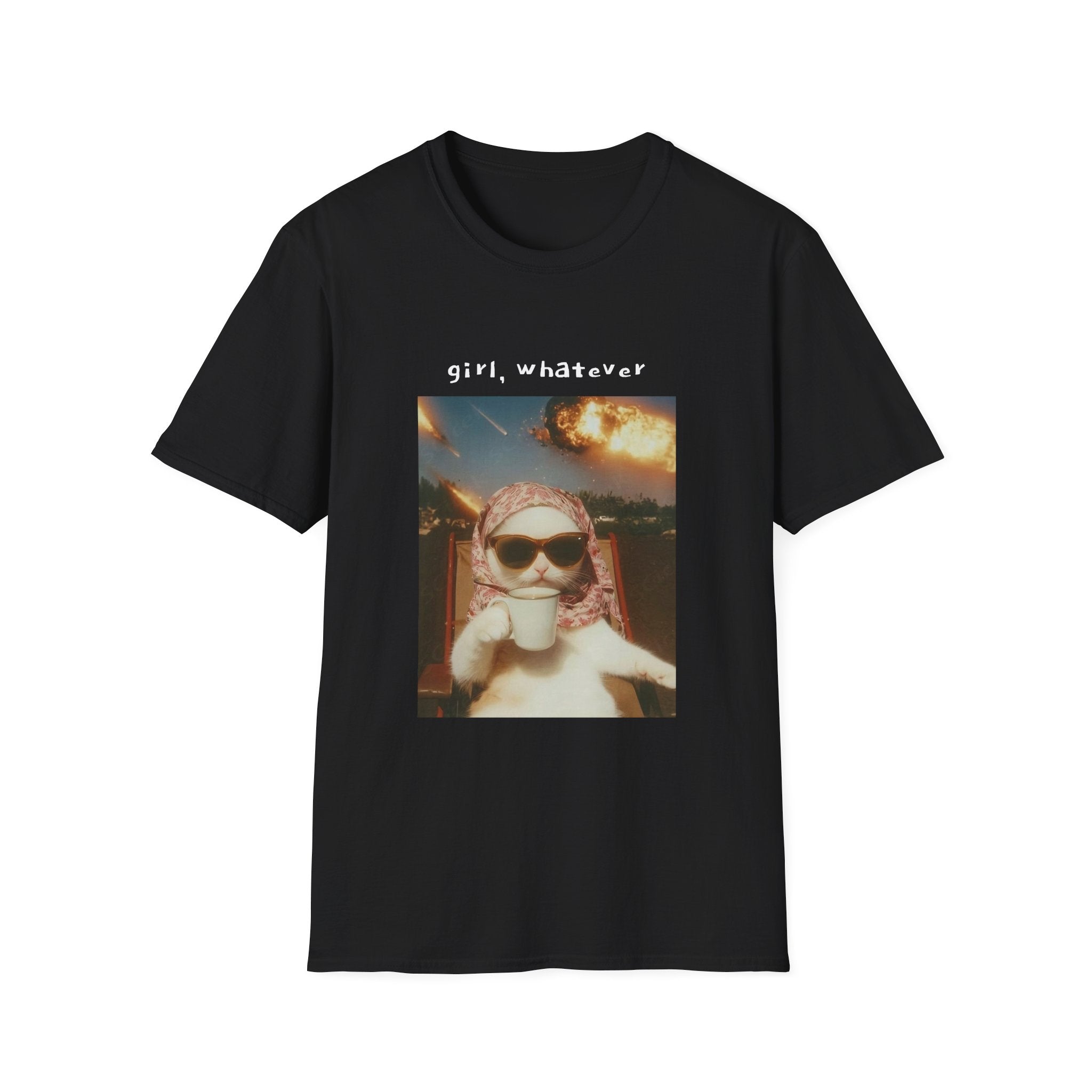 T-Shirt — 'girl, whatever' Cat Photo Tee | Funny Retro Sunset Graphic