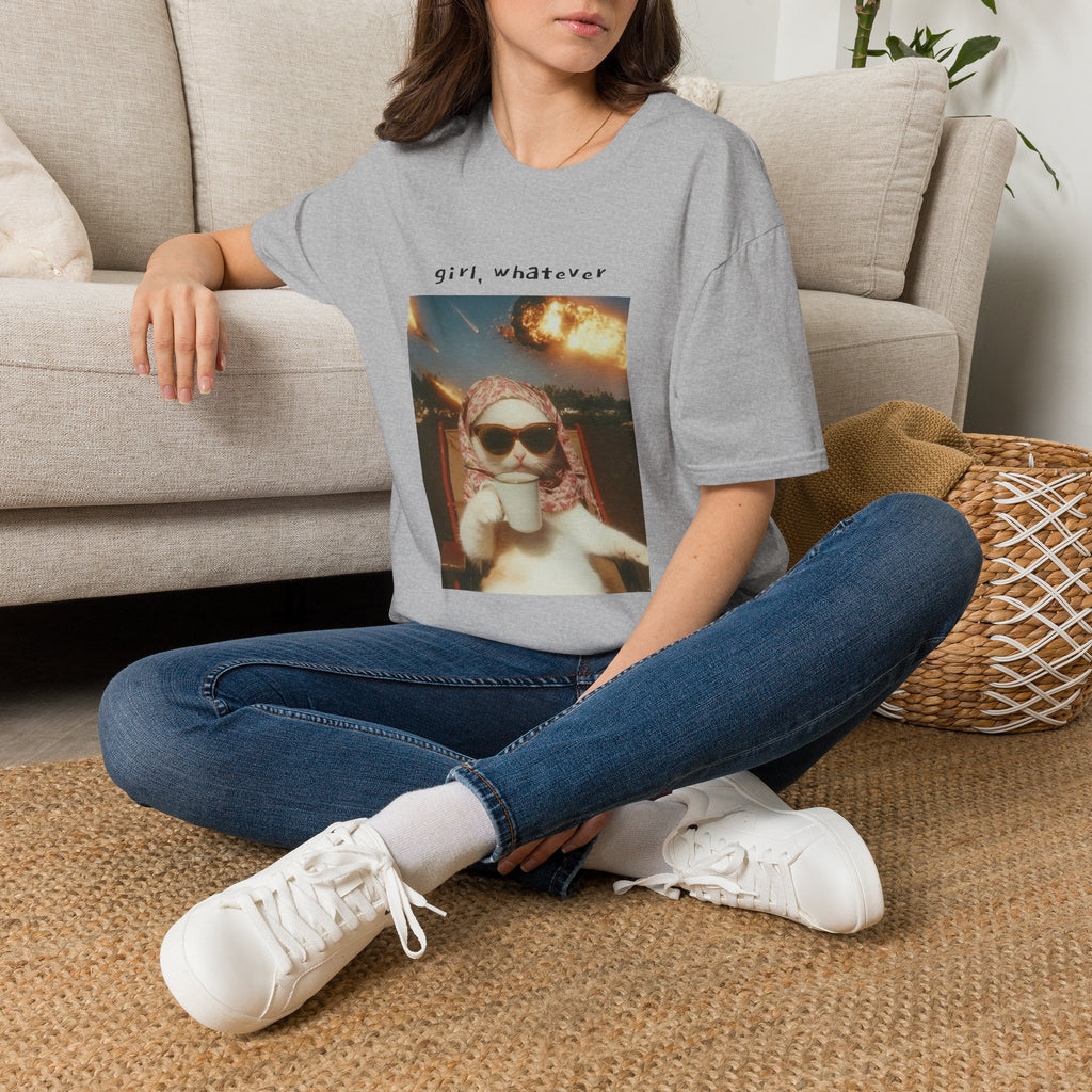 T-Shirt — 'girl, whatever' Cat Photo Tee | Funny Retro Sunset Graphic