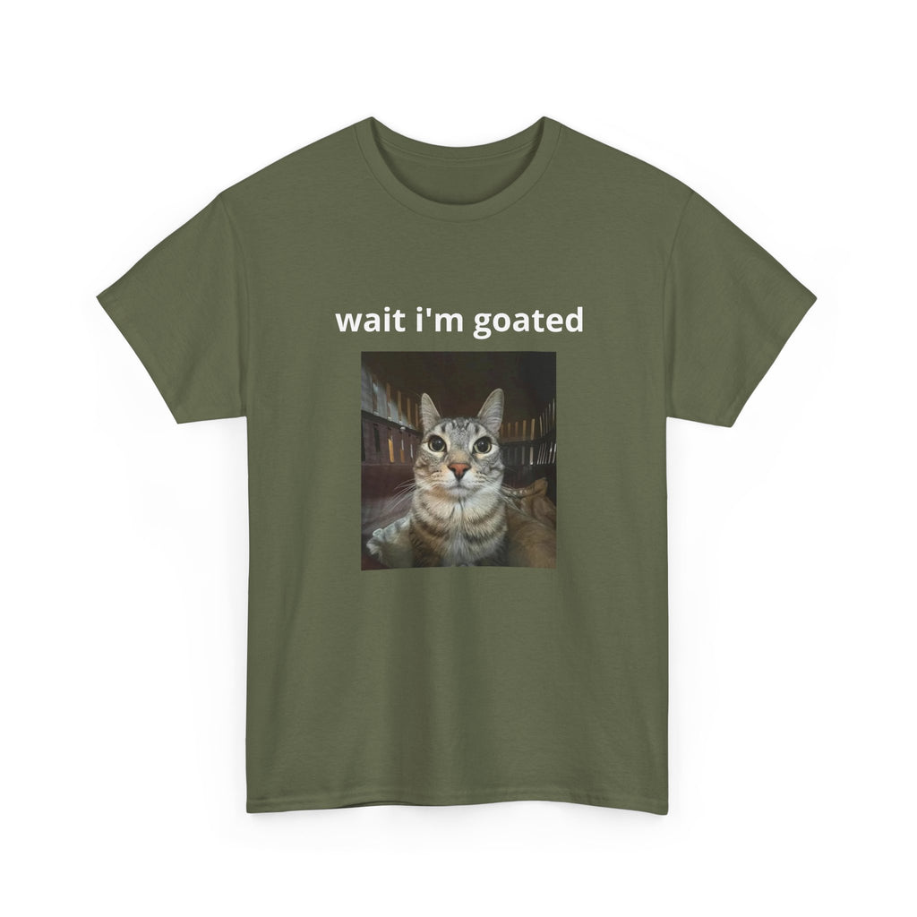Cat Meme T‑Shirt – “wait i’m goated” Funny Cat Photo Tee